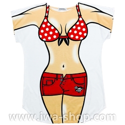 แดงลายจุด เสื้อยืดลายชุดว่ายน้ำ กางเกงขาสั้น เสื้อยืดลายบิกินี่ เสื้อสกรีนลายบิกินี่ เสื้อลายชุดว่ายน้ำ เสื้อฮาๆ พิมพ์ลายเซ็กซี่ไปทะเล