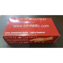 ถุงมือตรวจโรค ชนิดมีแป้ง (แป้งน้อย ไม่บาง) ยี่ห้อ Royal Guard กล่องละ 100 ชิ้น มีขนาด S,M