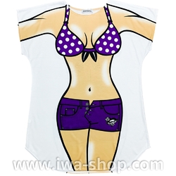 ม่วงลายจุด เสื้อยืดลายชุดว่ายน้ำ กางเกงขาสั้น เสื้อยืดลายบิกินี่ เสื้อสกรีนลายบิกินี่ เสื้อลายชุดว่ายน้ำ เสื้อฮาๆ พิมพ์ลายเซ็กซี่ไปทะเล