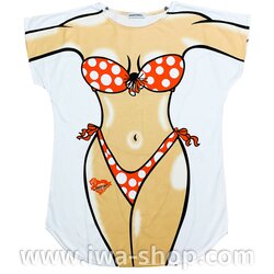 เสื้อลายบิกินี่ส้มจุดขาว เสื้อยืดลายบิกินี่ เสื้อสกรีนลายบิกินี่ เสื้อลายชุดว่ายน้ำ เสื้อฮาๆ พิมพ์ลายเซ็กซี่ ชุดเดรสลายบิกินี่ ชุดไปทะเล ชุดเที่ยวทะเล เสื้อผ้าไปทะเล