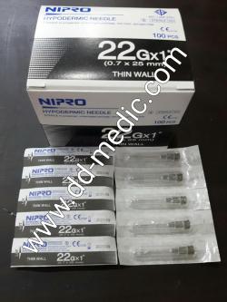 เข็มฉีดยา ยี่ห้อ นิโปร เบอร์ 22 X 1" กล่องละ 100 อัน