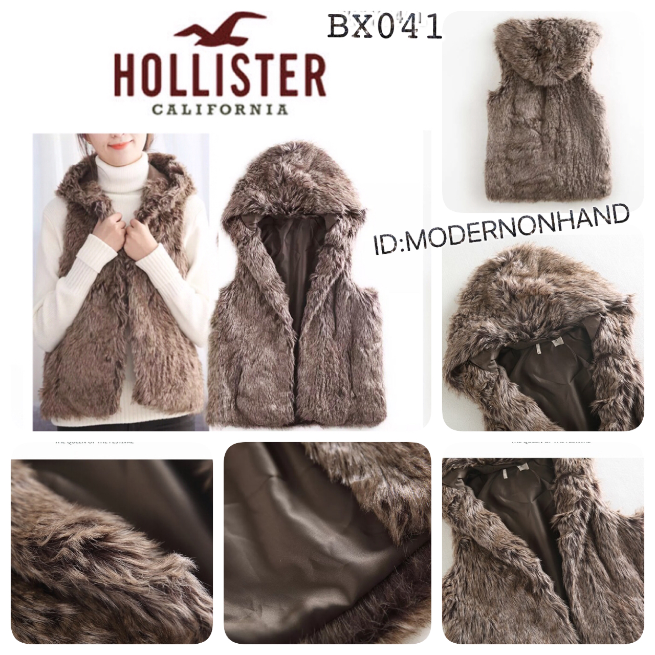 เสื้อกั๊ก กันหนาว หมวกฮูท แต่งขนอุ่น สีน้ำตาล brandname HOLLISTER แท้ 100% เนื้อขนลื่น นุ่มสวยหรู สัมผัสนุ่มสุดๆ ไม่มีปัญหาขนร่วงเลยคะ
