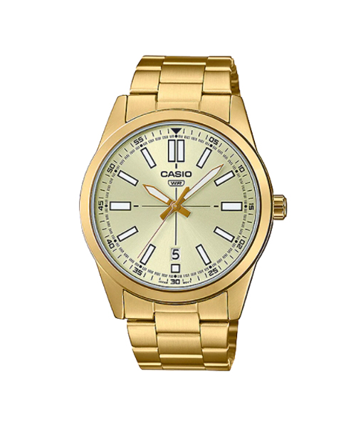 CASIO นาฬิกาคาสิโอ นาฬิกาข้อมือ นาฬิกากันน้ำ นาฬิกาของแท้ ประกันศูนย์ CMG 1 ปี รุ่น MTP-VD02G-9E นาฬิกาสีทอง