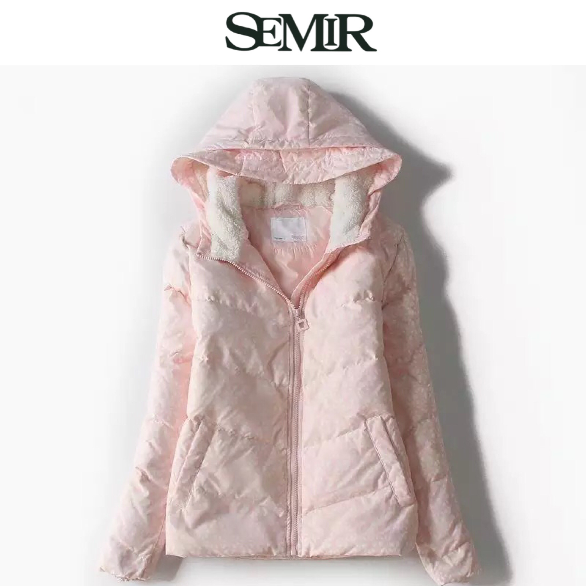Semir เสื้อกันหนาวขนเป็ด เสื้อกันหนาวบุ ขนเป็ด แต่งหมวกฮูท สีชมพูอ่อน แบรนด์ SEMIR Down 80% ชมพู