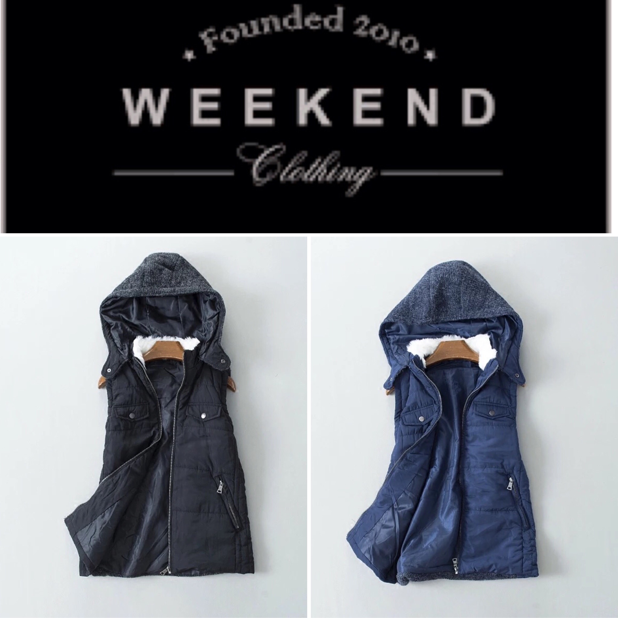 เสื้อกั๊ก กันหนาว กั๊กฮูทสีดำ แต่งขนสีขาวคอปกด้านใน แบรนด์WEEKEND (ฮูทถอดได้คะ) ดำ