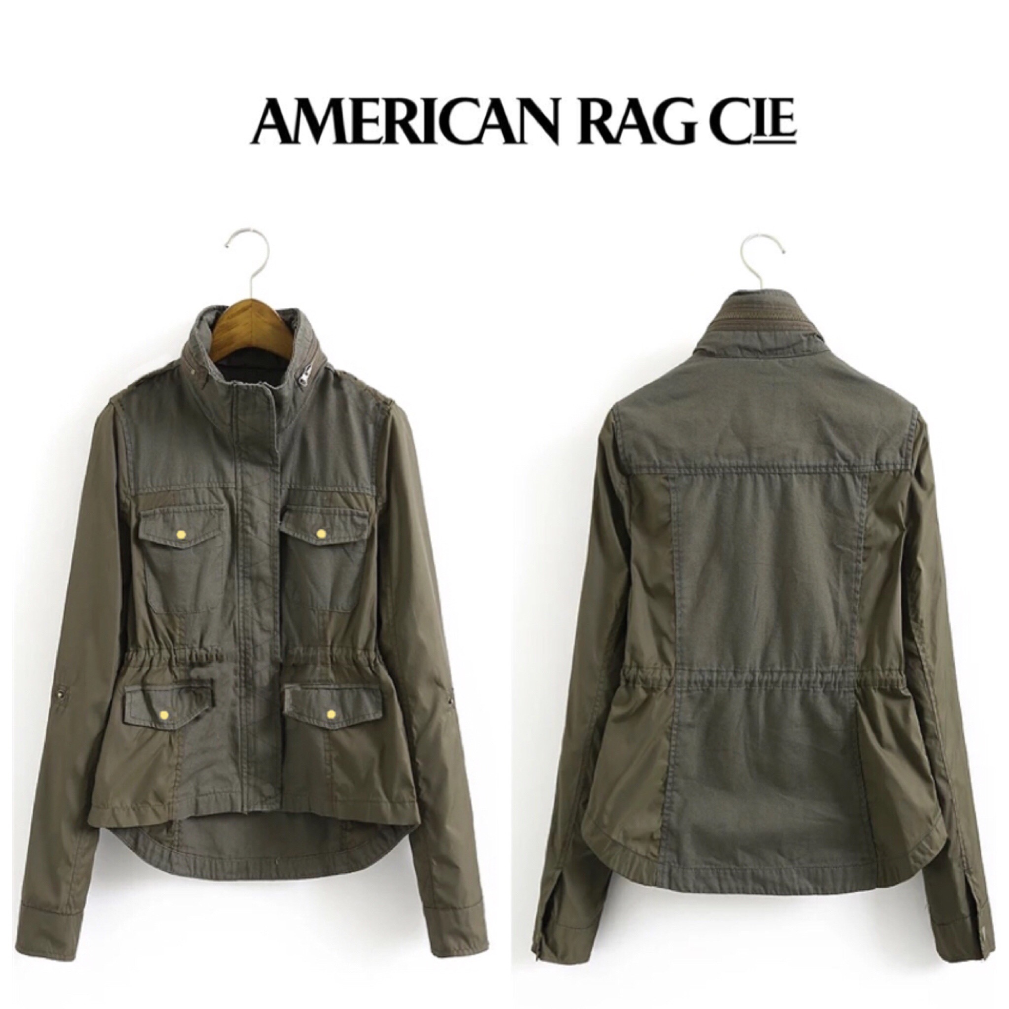 AMERICAN RAG CIE เสื้อแจ็คเก็ต เสื้อนอก เสื้อคลุมสไตล์ทหาร สีเขียวทหาร AMERICAN RAG CIEแต่งฮูท มีสานดึงเข้าเอว ด้านใน แบบสวย เท่ห์มากคะ เขียวทหาร