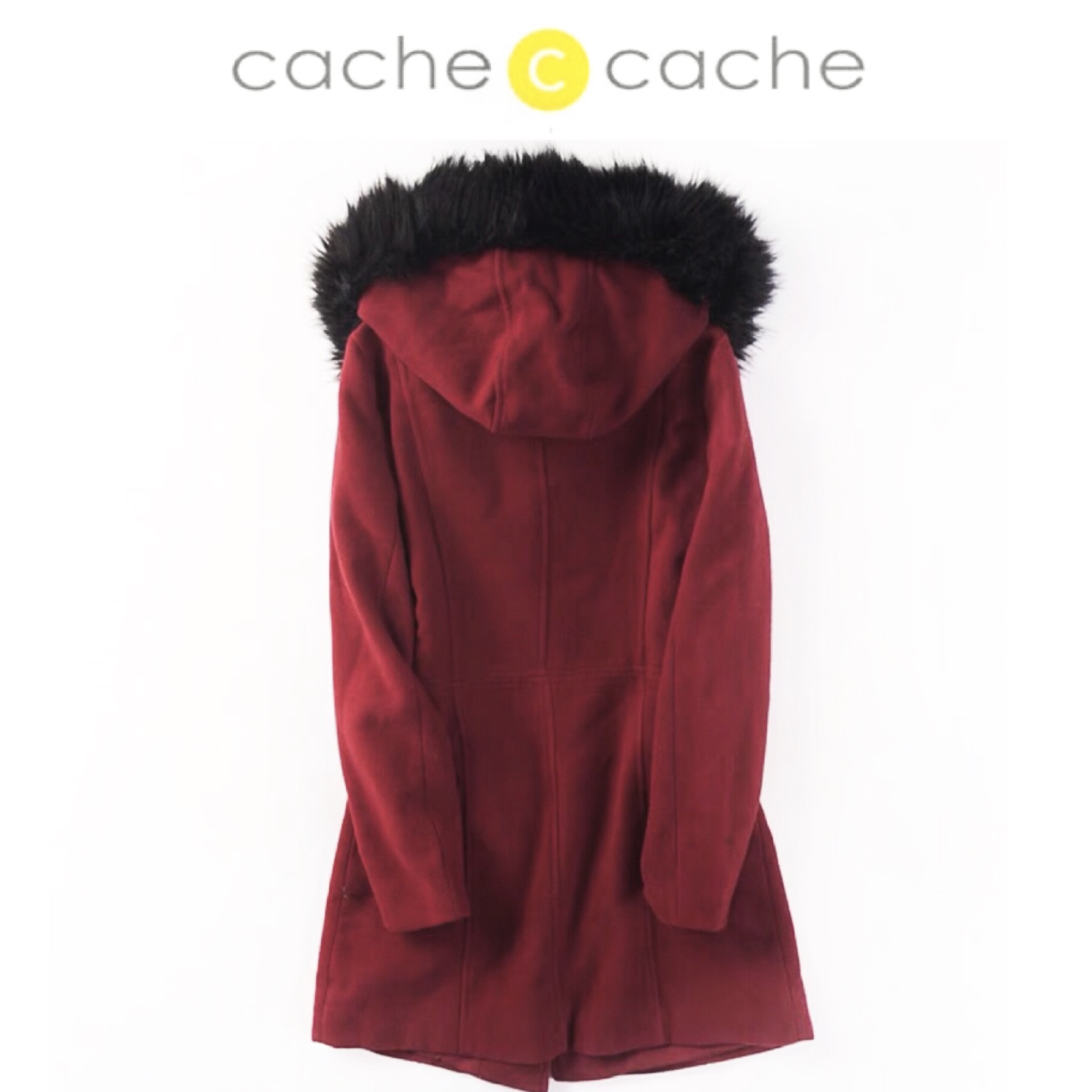 CACHE CACHE เสื้อโค้ท เสื้อกันหนาว ฮู้ด เนื้อผ้าสักหลาดวูล แต่งขนเฟอร์ แบรนด์ CACHE CACHE เทา