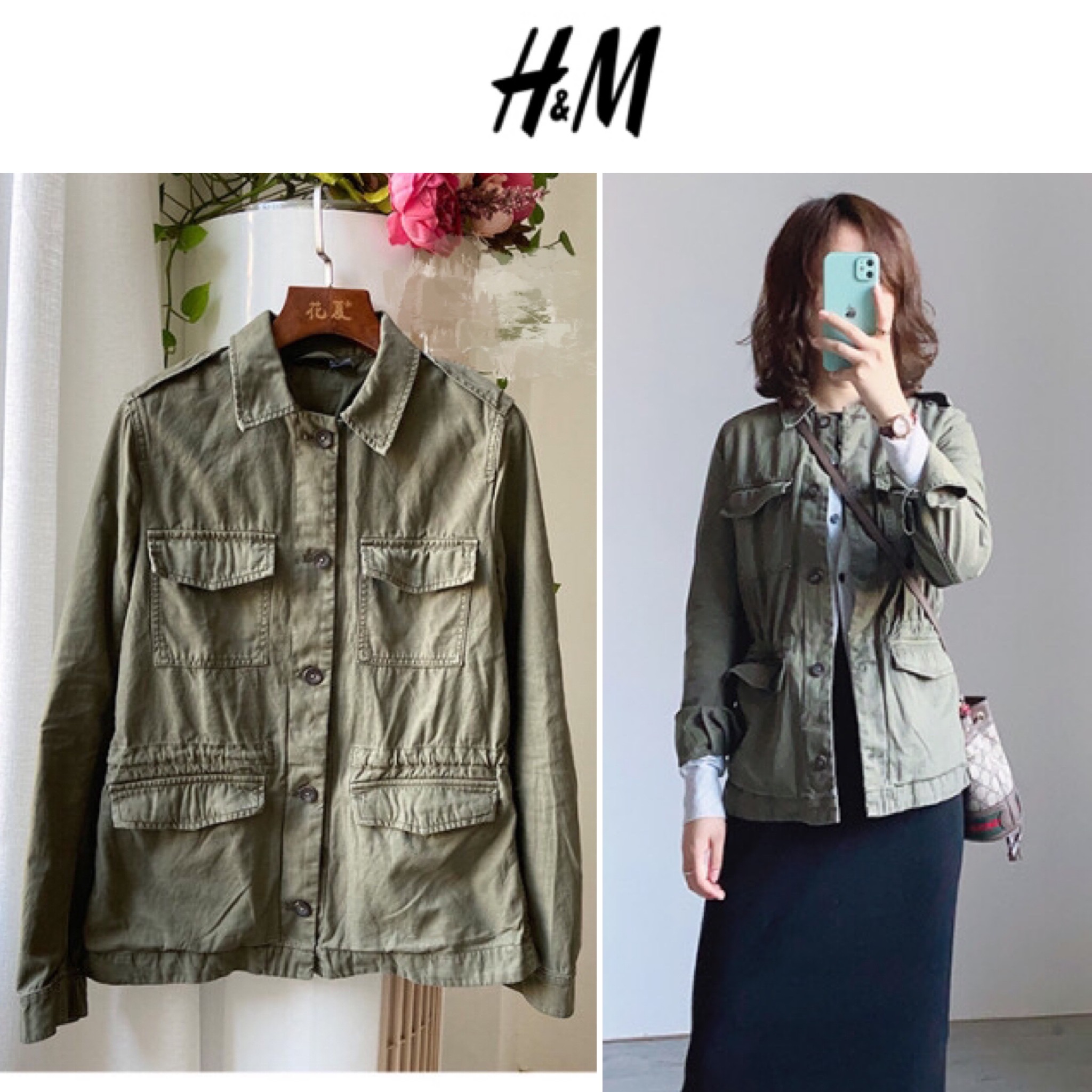 H&m เสื้อทหาร เสื้อฮู้ดเขียวทหาร เสื้อนอกแนวทหาร H&M (ตัดป้าย) แพทเทินสวย เท่ห์มาก คะ Size M สำเนา เขียว