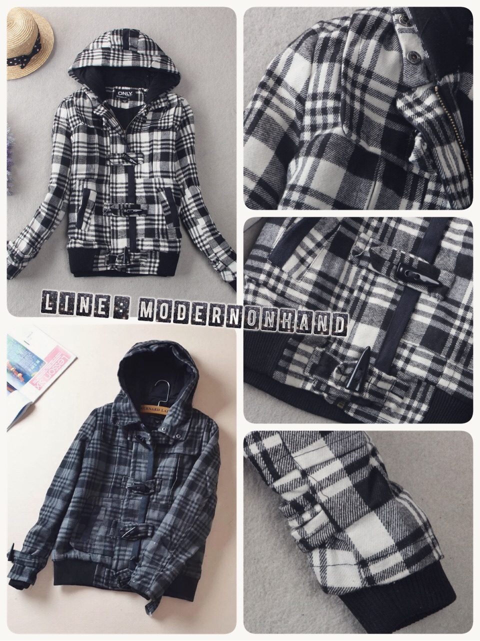 Only เสื้อกันหนาว ลายตารางขาวดำ แต่งฮูทแบรนด์เนม ONLYแท้100% แขนมีซับกันลม แบบสวย งานหรู มากคะ สินค้าญี่ปุ่น ขาวดำ