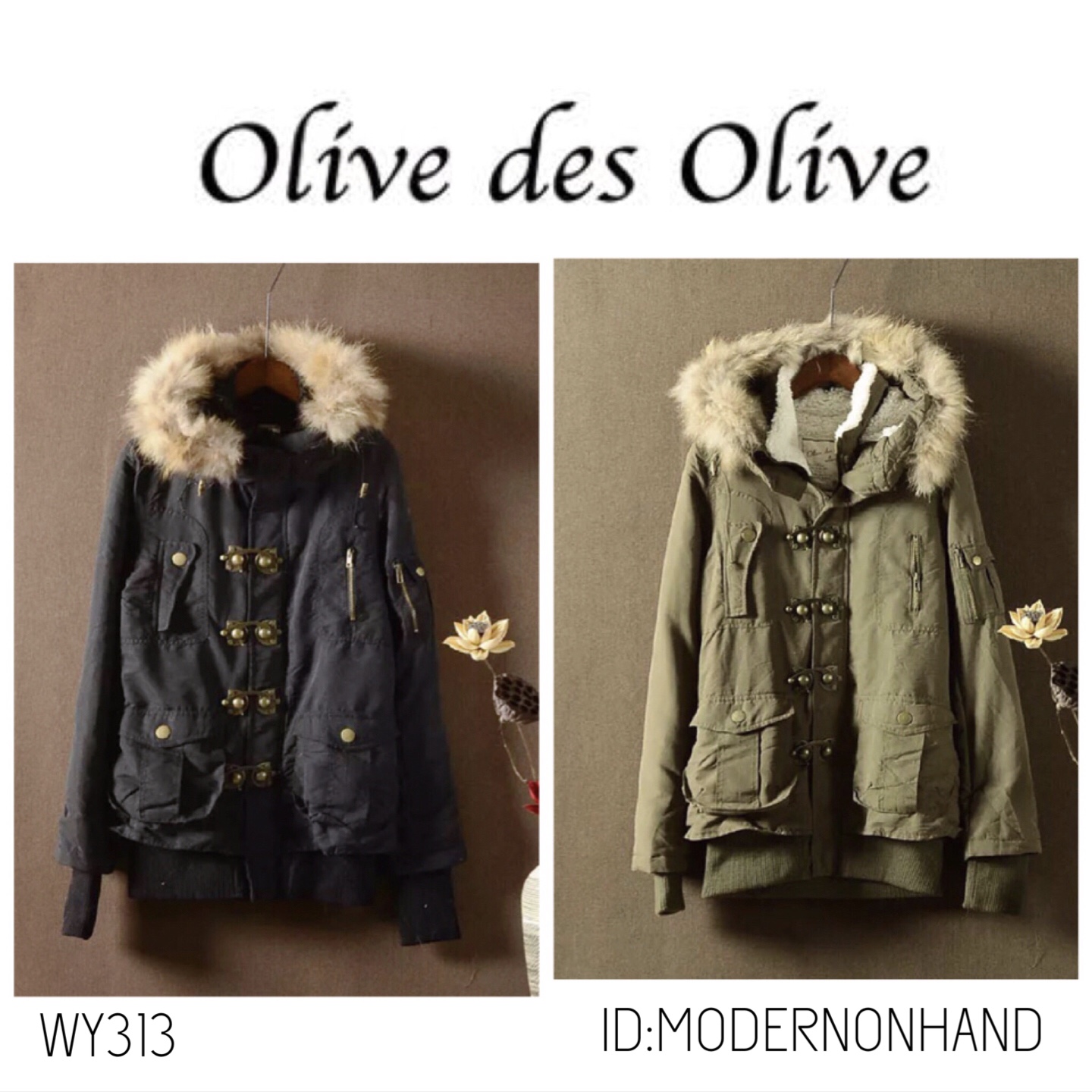เสื้อกันหนาว เสื้อหนาว หมวกฮูท สีดำ แต่งเฟอร์ แบรนด์เนมญี่ปุ่น OLIVE DES OLIVE ด้านในซับขนอุ่นสีขาว แต่งจัมพ์ปลายแขนกันลม Size M/L
