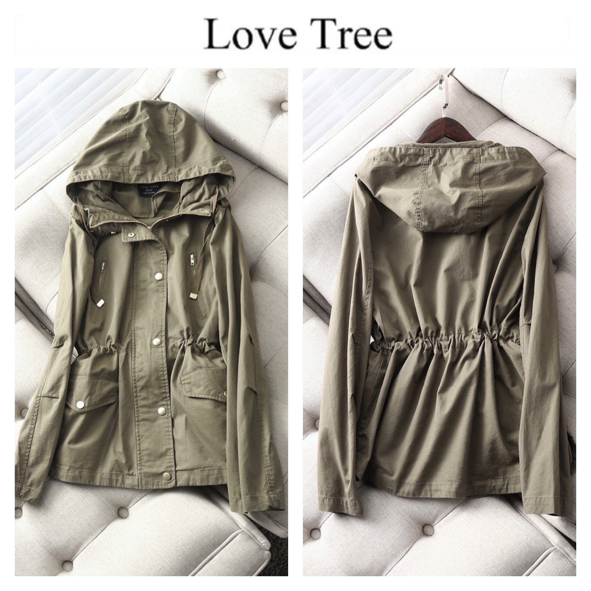 Love Tree เสื้อฮู้ดทหาร เสื้อทหาร สีเขียว หมวกฮู้ด เสื้อปาร์กา เสื้อนอก แบรนด์ Love tree งานสวย เท่ห์มาก คะ Size S/M/L/XL เขียวทหาร