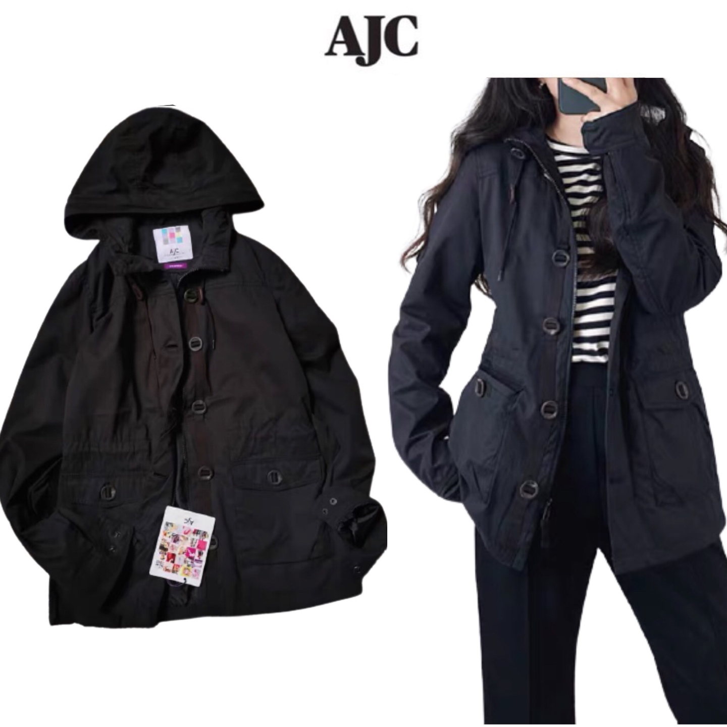 AJC เสื้อฮู้ดดำ เสื้อคลุม สีดำ หมวกฮู้ด เสื้อปาร์กา เสื้อ นอก แบรนด์ AJCเท่ห์มากคะ Size S/M/L/XL ดำ