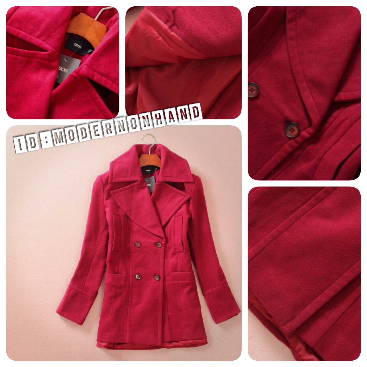 เสื้อคลุม เสื้อกันหนาว แต่งคอปกเก๋ๆ เนื้อผ้าสักหลาดสีแดง แบรนด์ดังASOS จากUK ทรงสวยหรูมากคะ Free Size (M)