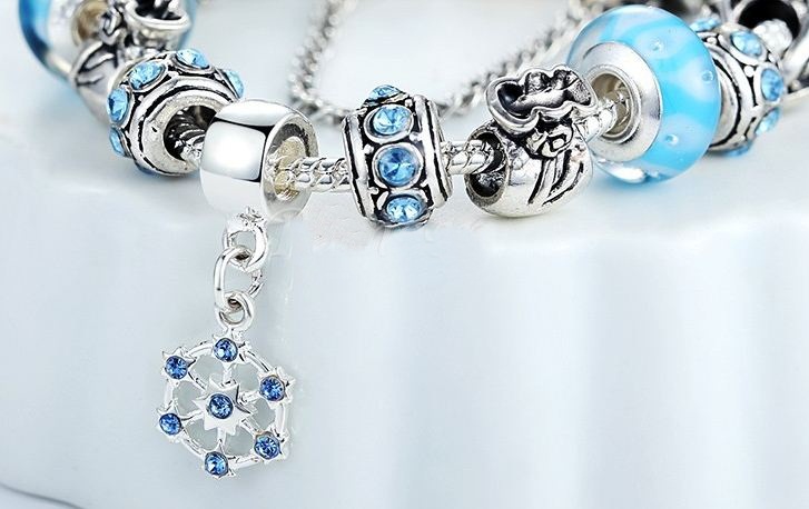 สร้อยข้อมือ Diy สไตล์ Pandora สร้อยข้อมือ ผู้หญิง Snow Theme สีฟ้า ฝัง เพชร คริสตัล ออสเตเรีย สีฟ้า ชาร์มเงิน เพิ่ม สีทอง เพิ่มความหรูหรา 68120