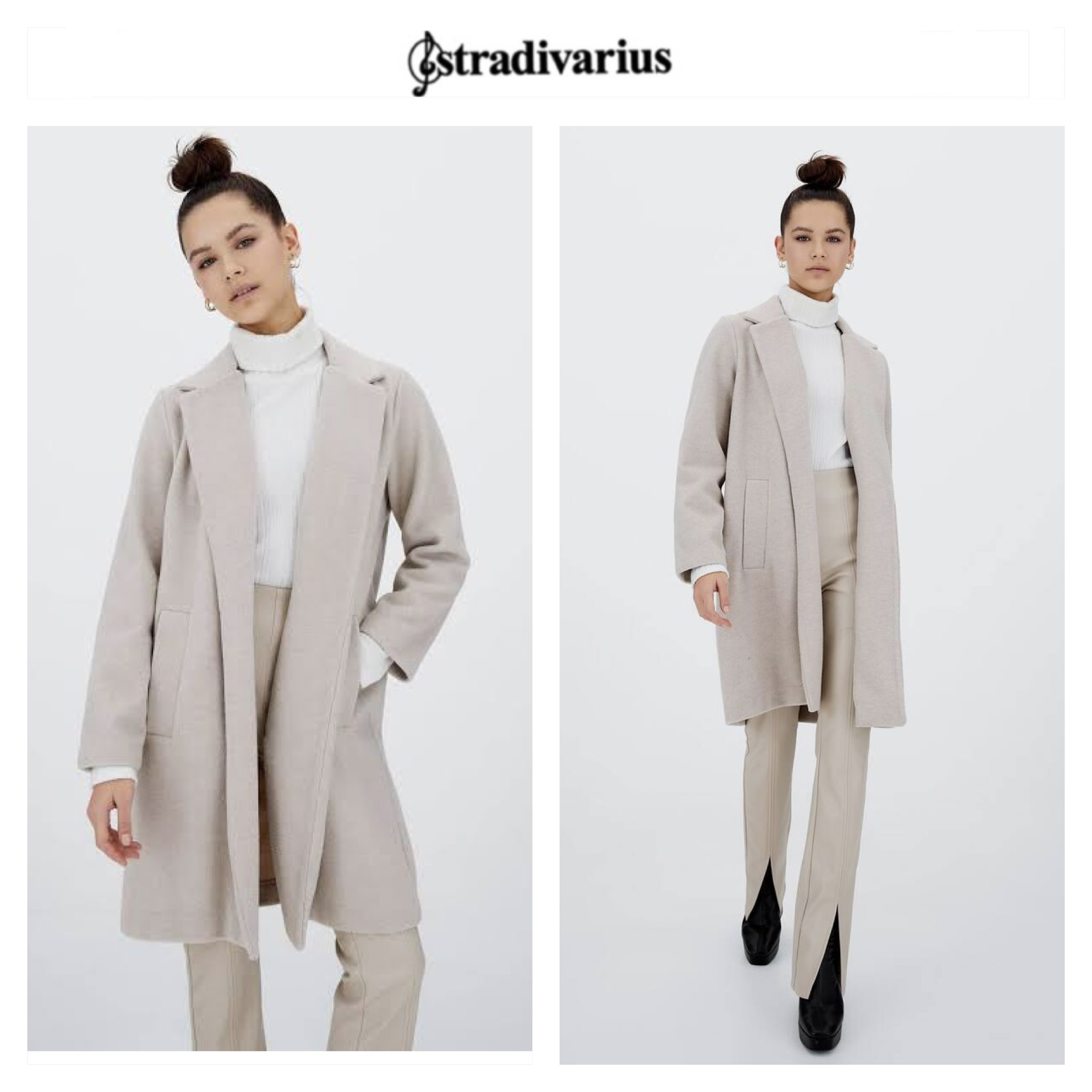 เสื้อโค้ท เสื้อโค้ทกันหนาว โค้ทวูล tailored knot coat สีเบจ แบรนด์ STRADIVARIUS สำเนา