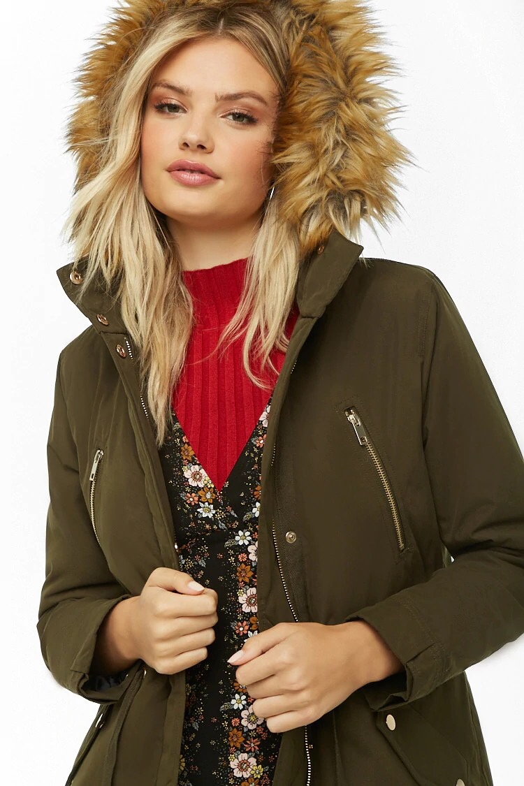 Forever21 เสื้อโค้ทฮู้ดกันหนาว เสื้อปาร์กา parka สีส้มอิฐ แต่งเฟอร์ แบรนด์ FOREVER21 สำเนา ส้มอิฐ
