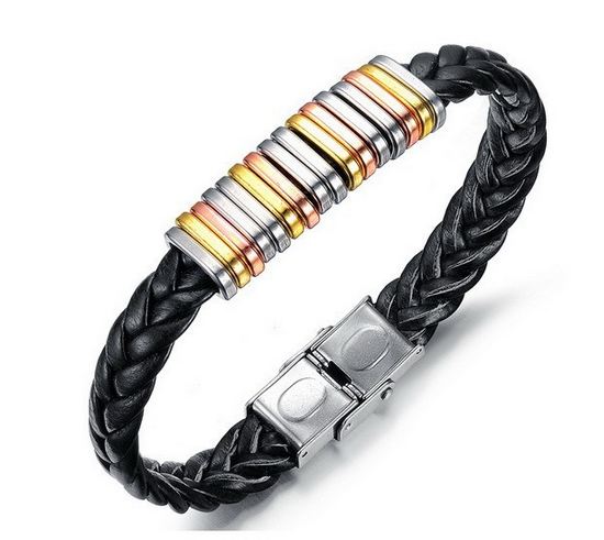 สร้อยข้อมือผู้ชาย กำไลข้อมือ ผู้ชาย สายหนังแท้ สีดำ ถักหนา แน่น ร้อยด้วย Stainless Steel แท้ สีเงิน ทอง นาก สร้อยข้อมือให้แฟน สุดหรู 45930