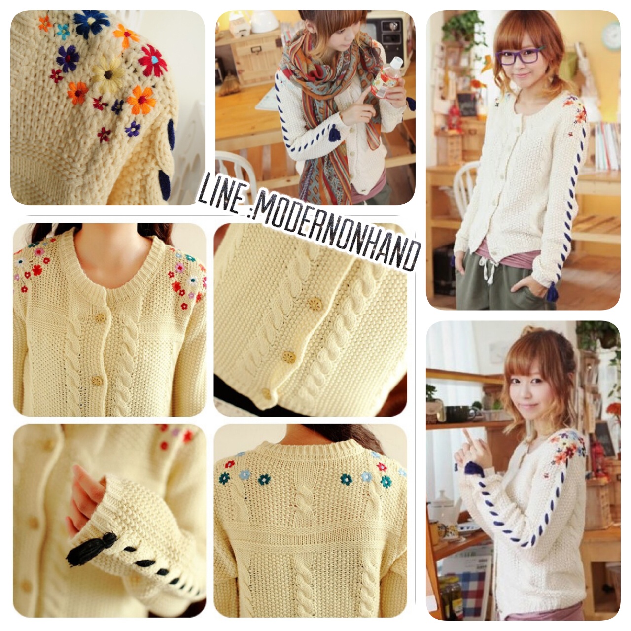เสื้อไหมพรมถัก แต่งลายดอกไม้ สีขาวครีม กระดุมไม้ แบบสวยน่ารักมากเลยคะ