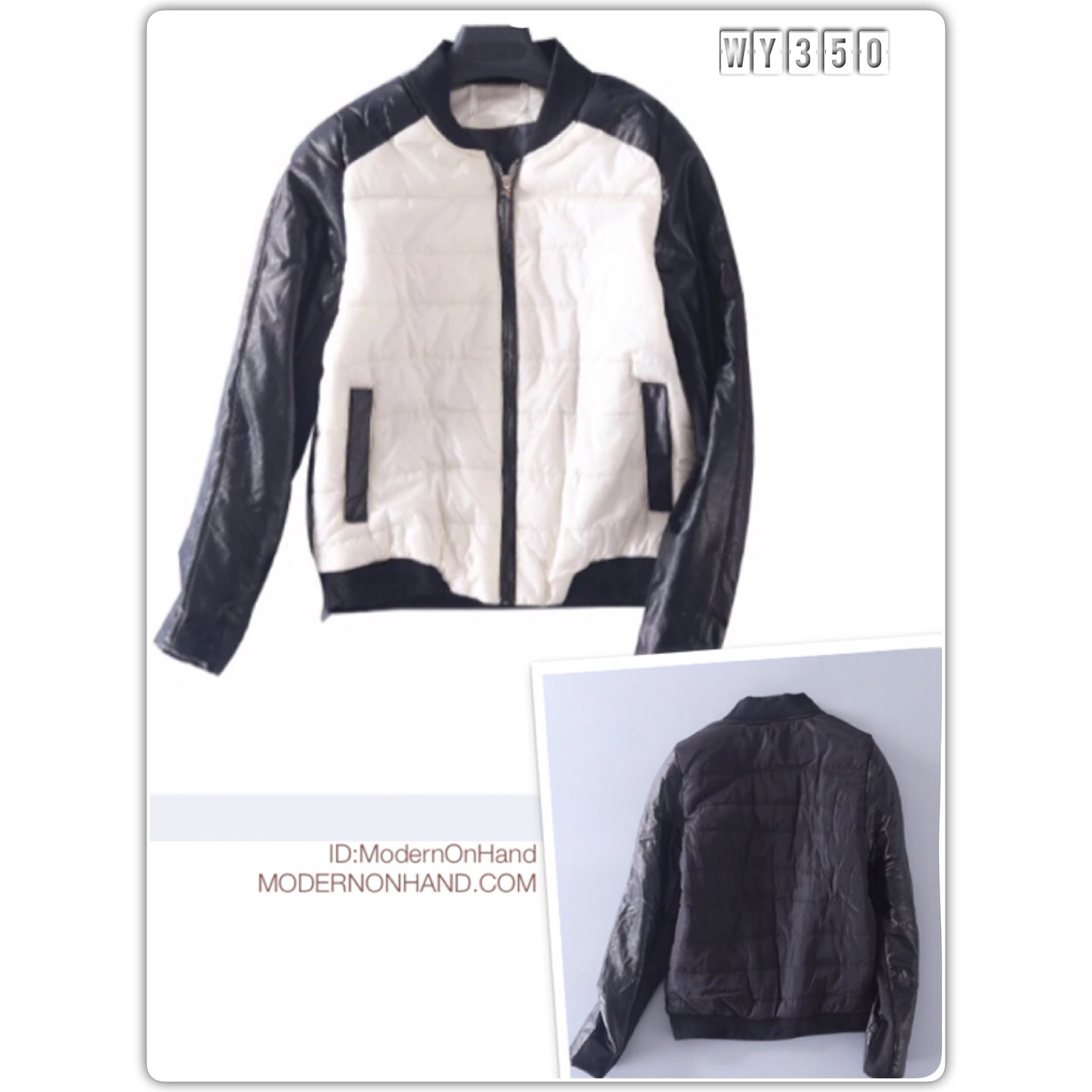 เสื้อกันหนาว แจ็คเก็ตกันหนาว สีทูโทนขาว-ดำ สไตล์ Bomber jacket แต่งแขนหนัง งานสวย แนวๆเท่ห์ๆคะ size L