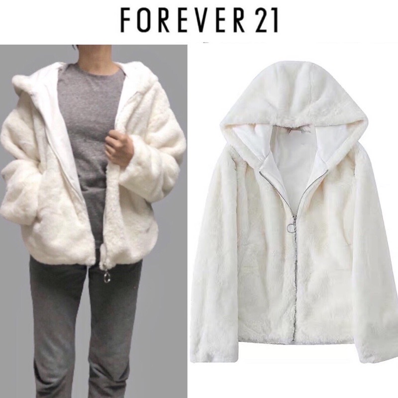 Forever21 เสื้อเฟอร์กันหนาว หมวกฮู้ด เสื้อขน แบรนด์ forever21 (FLUFFY COAT) ขาว
