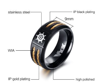 แหวนผู้ชาย แหวน Stainless Steel แท้ แหวนสีดำ แกะลาย พวงมาลัยเรือ แต่งด้วย ลวดสีทอง เพิ่มมิติ แหวนเท่ ๆ ของขวัญให้แฟน เก๋ ๆ 402180