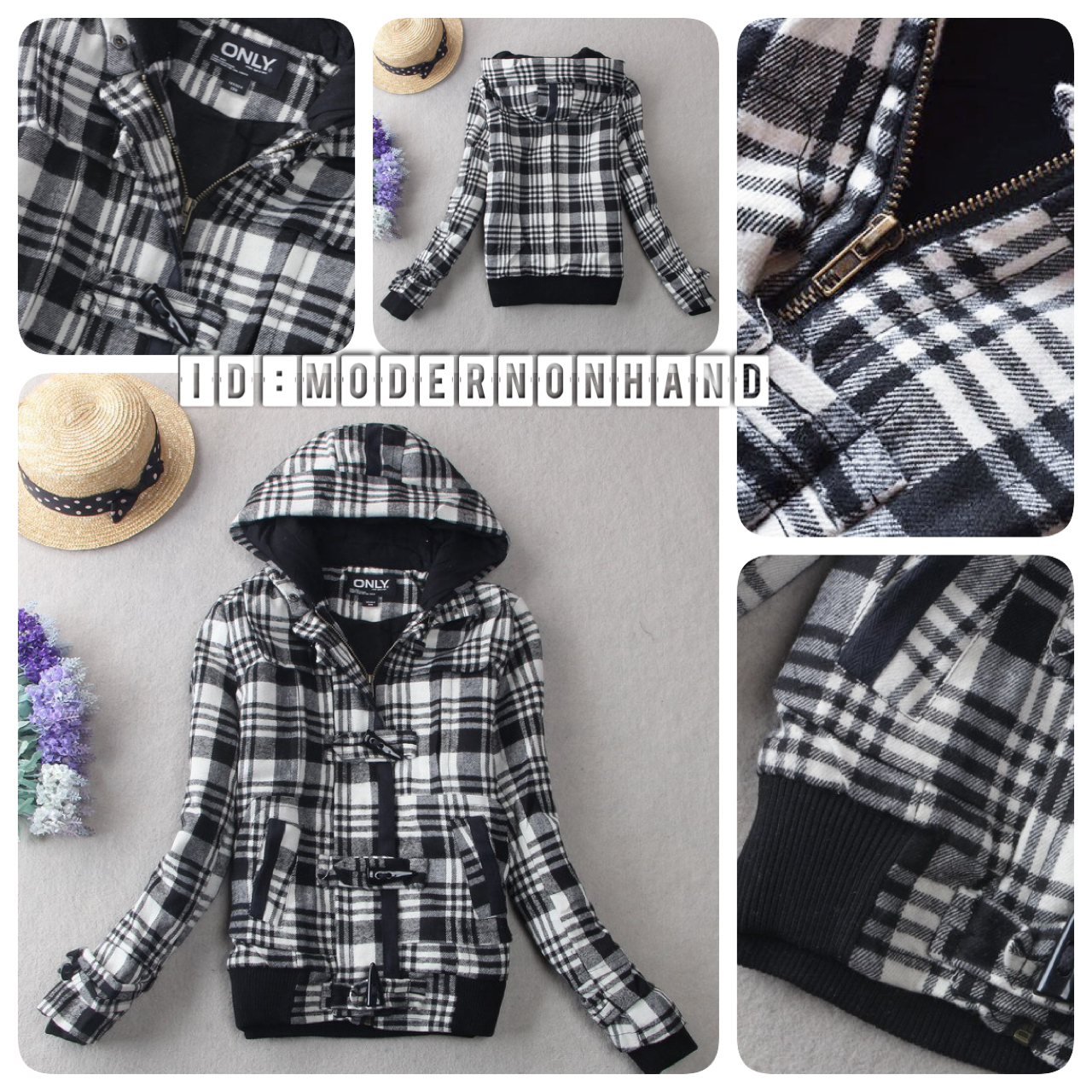 Only เสื้อกันหนาว ลายตารางขาวดำ แต่งฮูทแบรนด์เนม ONLYแท้100% แขนมีซับกันลม แบบสวย งานหรู มากคะ สินค้าญี่ปุ่น ขาวดำ