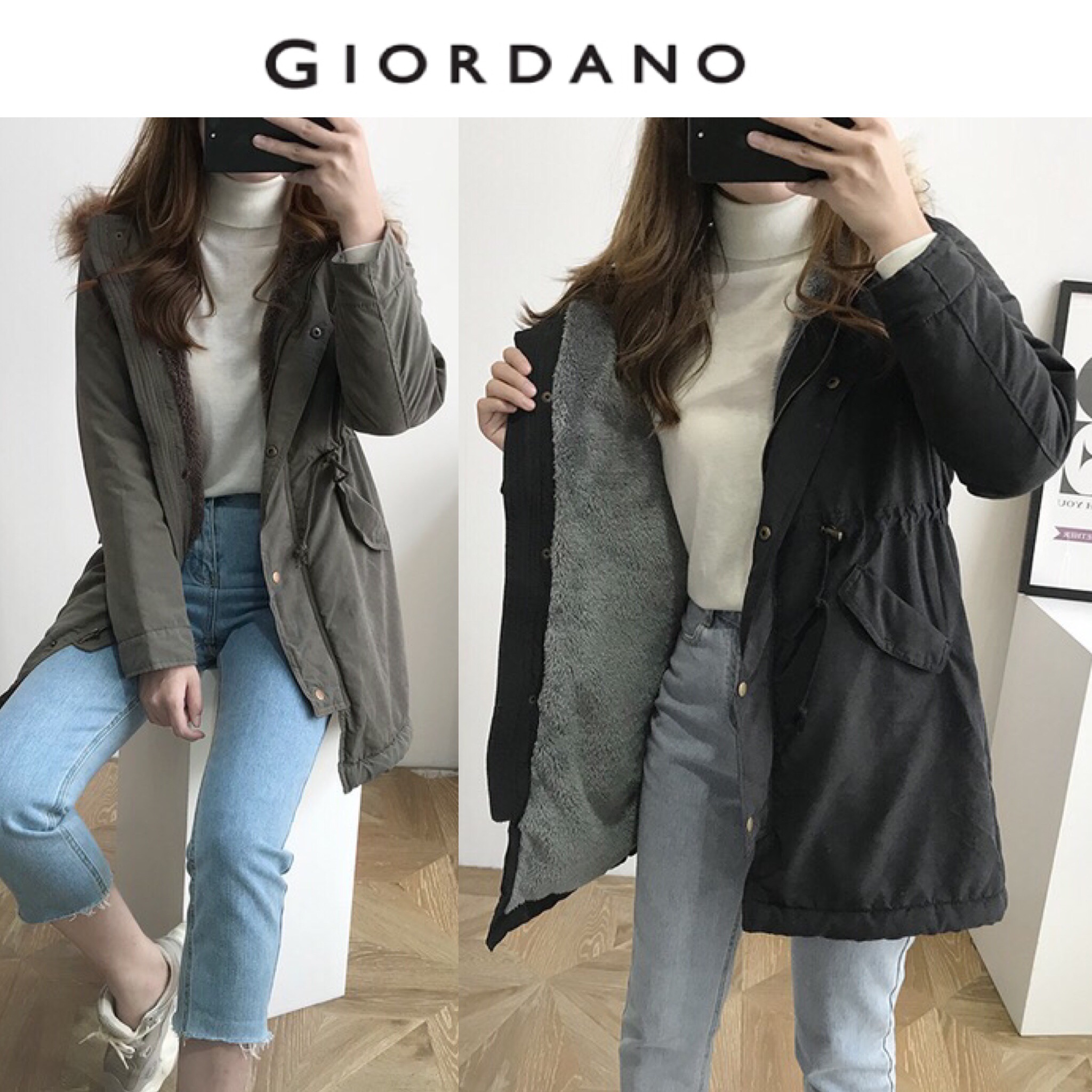 Giordano เสื้อโค้ทเฟอร์กันหนาว เสื้อฮู้ดปาร์กา โค้ทสีเขียว แต่งเฟอร์ (เฟอร์ถอดได้คะ) แบรนด์GIORDANO เขียว