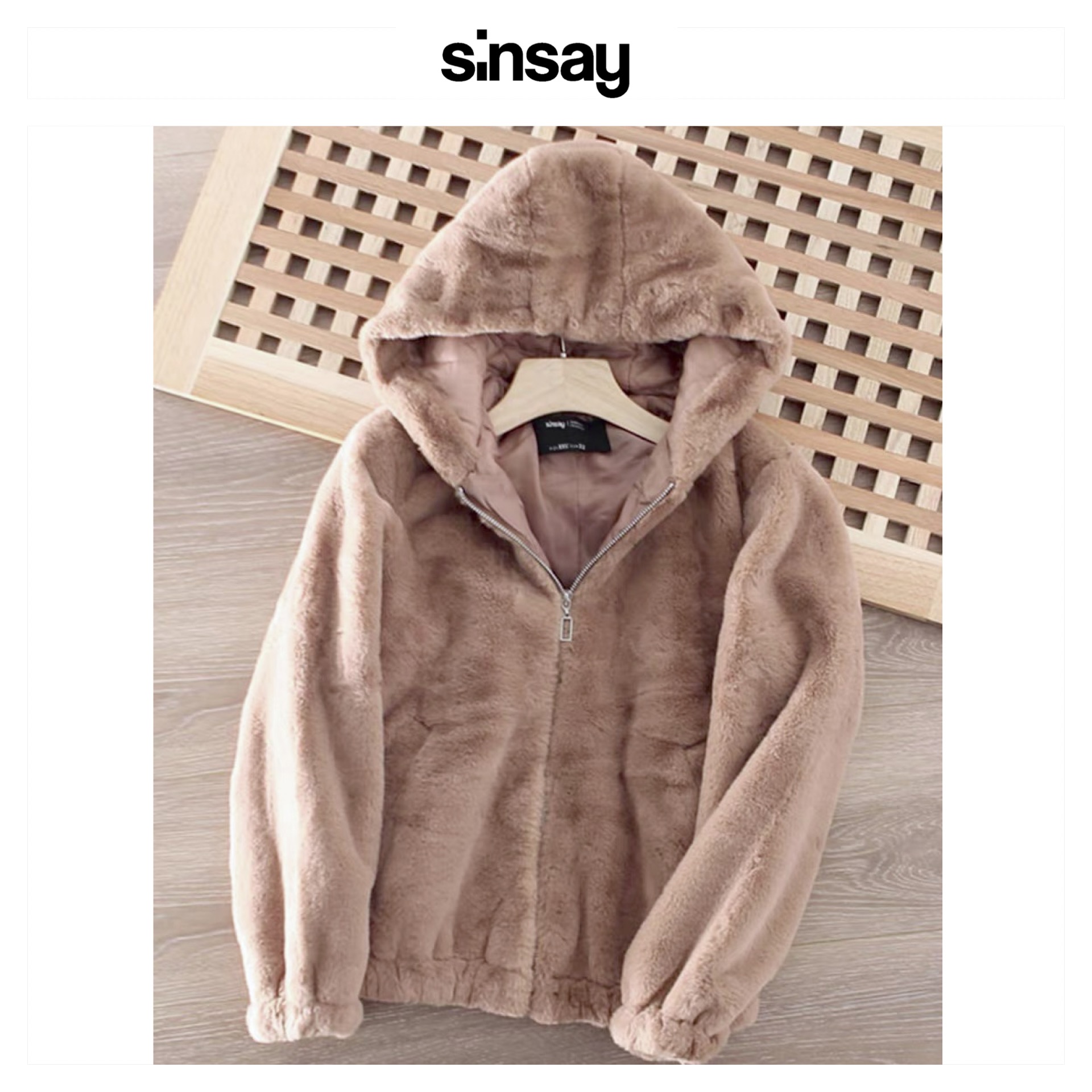 Sinsay เสื้อเฟอร์กันหนาว หมวกฮู้ด เสื้อขน Fluffy coat แบรนด์ SINSAY น้ำตาล
