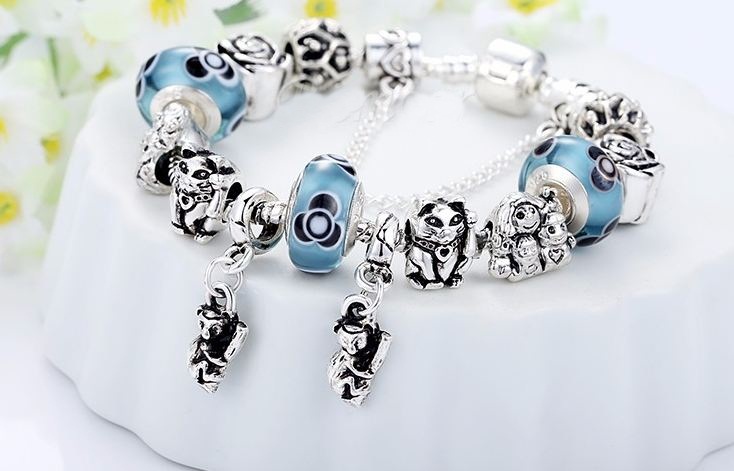 สร้อยข้อมือ Diy สร้อยข้อมือ Charm สไตล์ Pandora ร้อย Glass Beads สีฟ้า ผสม ตุ๊กตาแมวกวัก แมวญี่ปุ่น ดอกกุหลาบ สไตล์ เงินโบราณ 535383