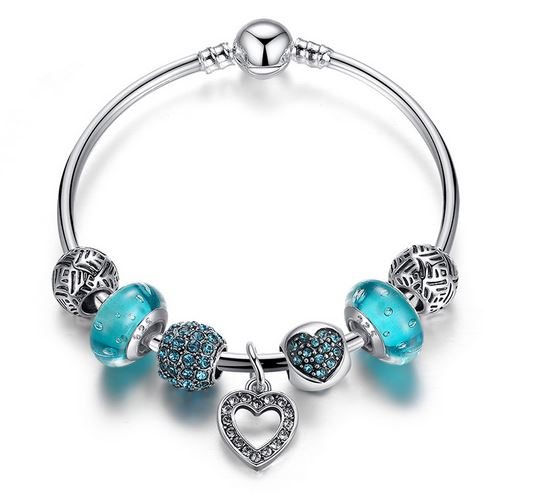 สร้อยข้อมือ Diy สไตล์ Pandora กำไลข้อมือผู้หญิง กำไลเงิน ร้อย Glass Bead สีฟ้า สลับ คริสตัลแท้ สุดหรู รูปหัว พร้อม จี้เพชร หัวใจ 599553