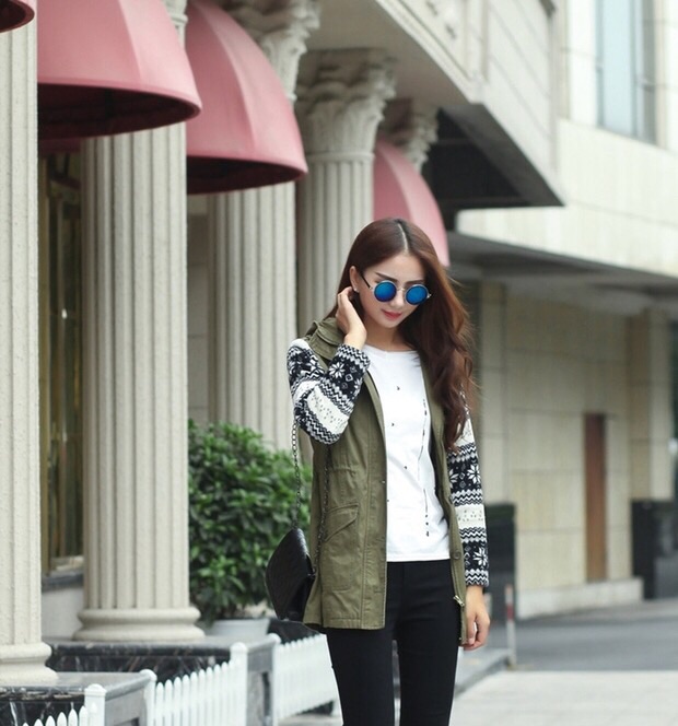 เสื้อคลุม เสื้อกันหนาว แต่งหมวกฮูท แต่งแขนไหมพรม แนวเกาหลี สวยเท่ห์มากค่า Size S/M เขียว