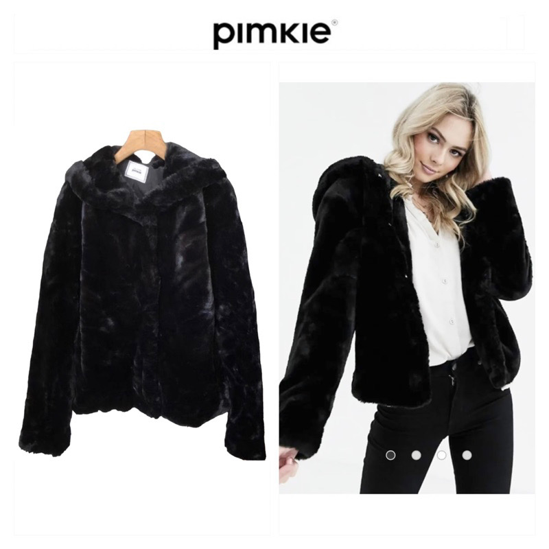 เสื้อเฟอร์กันหนาว หมวกฮู้ด เสื้อขน Fluffy coat แบรนด์ pimkie ดำ