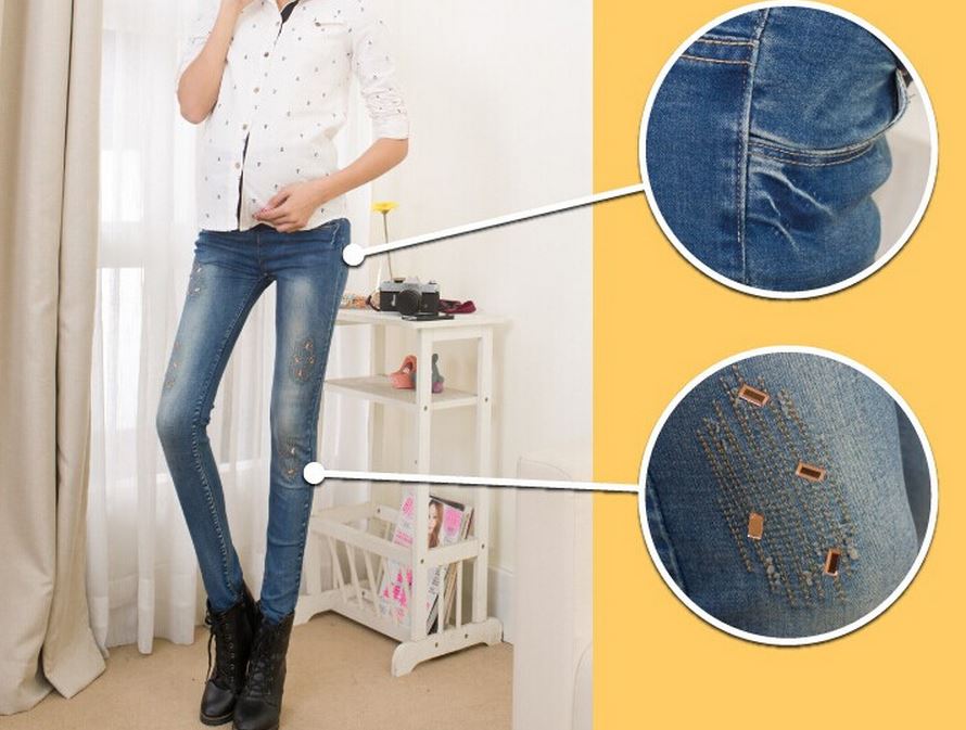 กางเกงยีนส์ยาวคลุมท้อง เซอร์เปรี้ยวด้วยยีนส์ซีดปักลายวิ้งๆ มีไซส์ M, L, XL, XXL