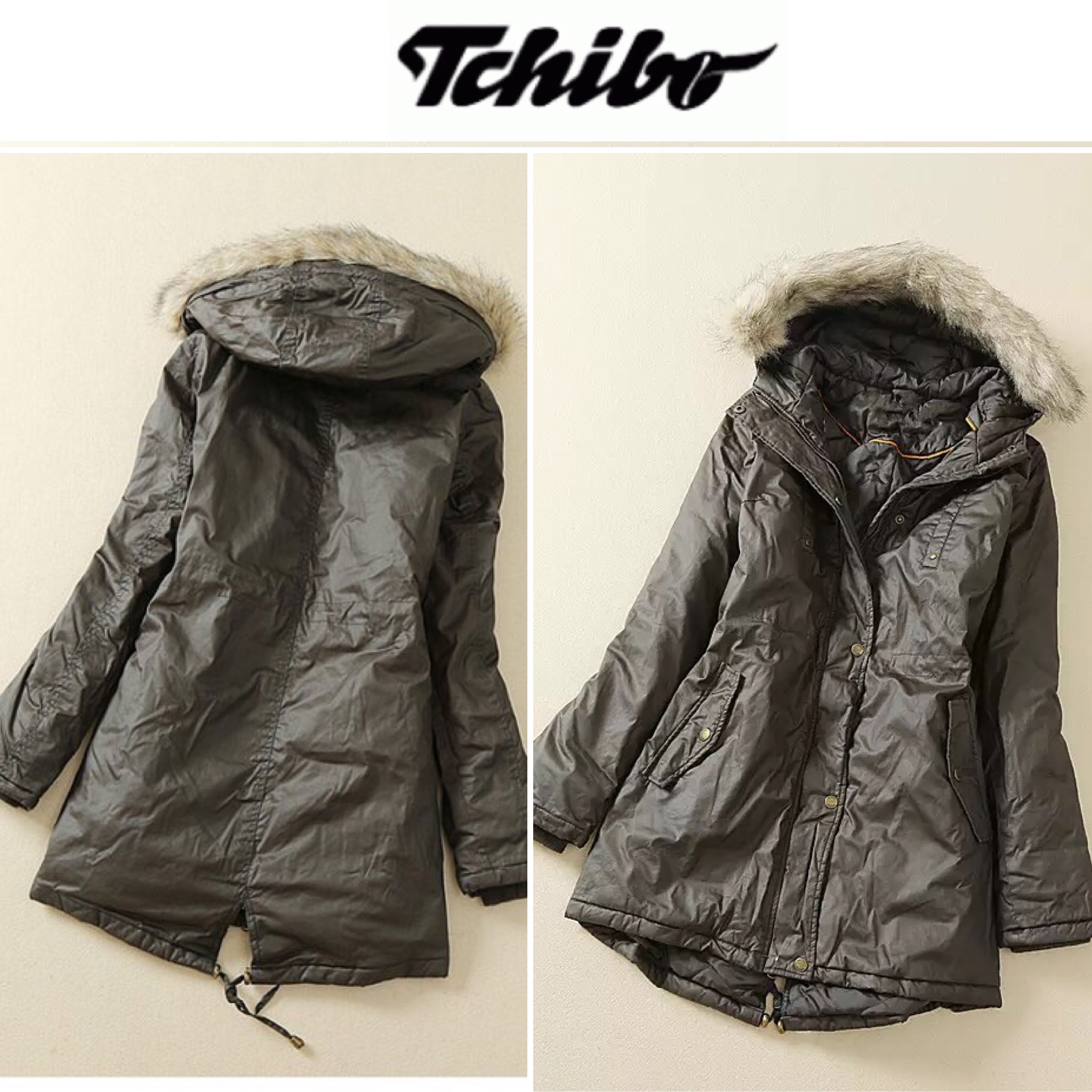 TCHIBO เสื้อโค้ท เสื้อกันหนาว แบรนด์เนม TCHIBO WOMAN from German แต่งหมวกฮูท ติดเฟอร์ ปลายหมวก สวยหรู เนื้อผ้าเคลือบมัน กันหิมะ Size L/XL สำเนา ดำ