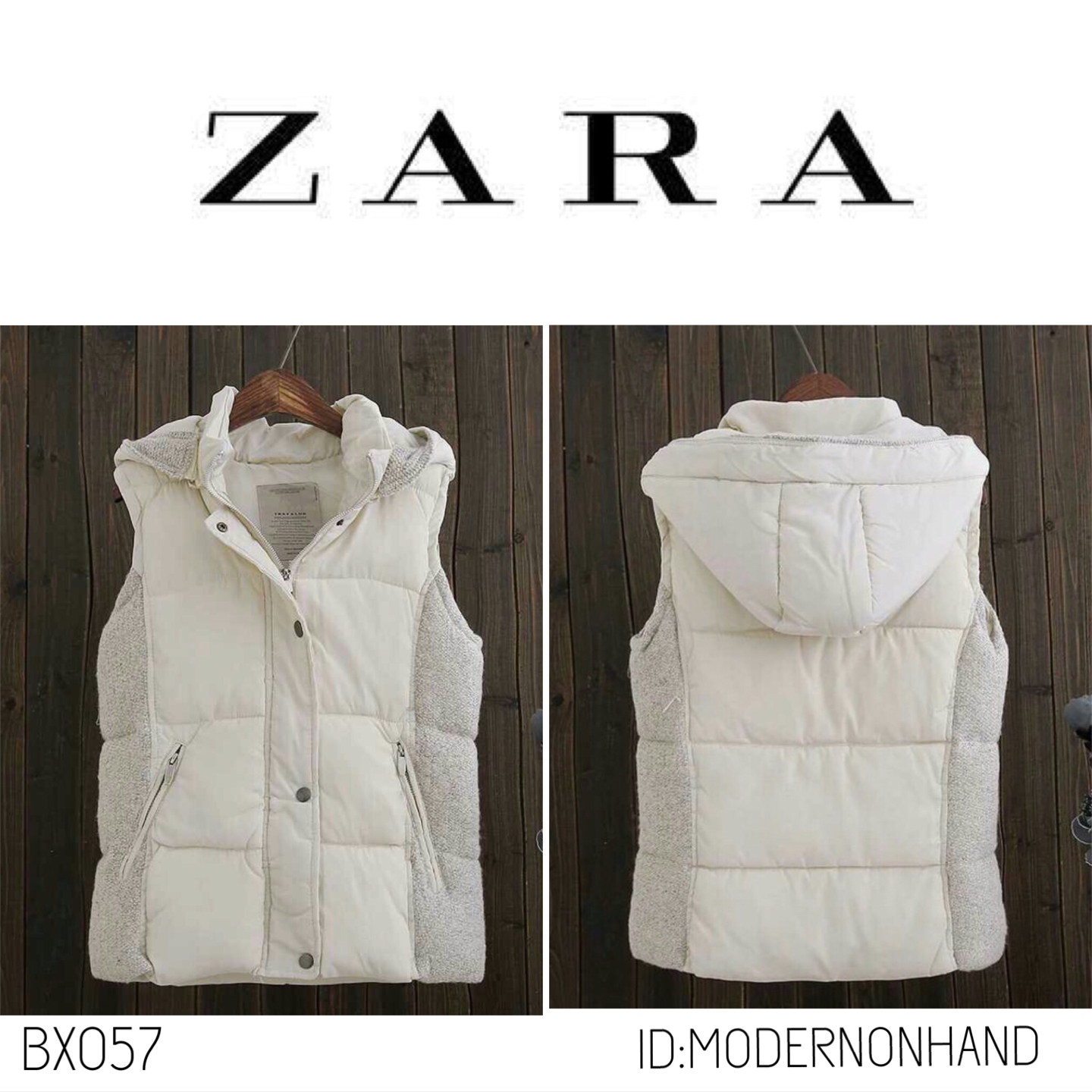 เสื้อกั๊ก กันหนาว เสื้อกั๊ก ฮูท กันหนาว สีขาวครีม แบรนด์เนม TRAFALUC ZARA แต่งผ้าทอ ข้างลำตัว คอปกด้านในแต่งขนเฟอร์ (ฮูทถอดได้คะ)