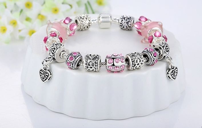 สร้อยข้อมือ Diy สร้อยข้อมือ Charm สไตล์ Pandora ร้อย เม็ดบีด ลวดลาย เงินโบราณ สลับ คริสตัล สีชมพู ห้อยจี้ รูปหัวใจ สุดหรู 813882_1
