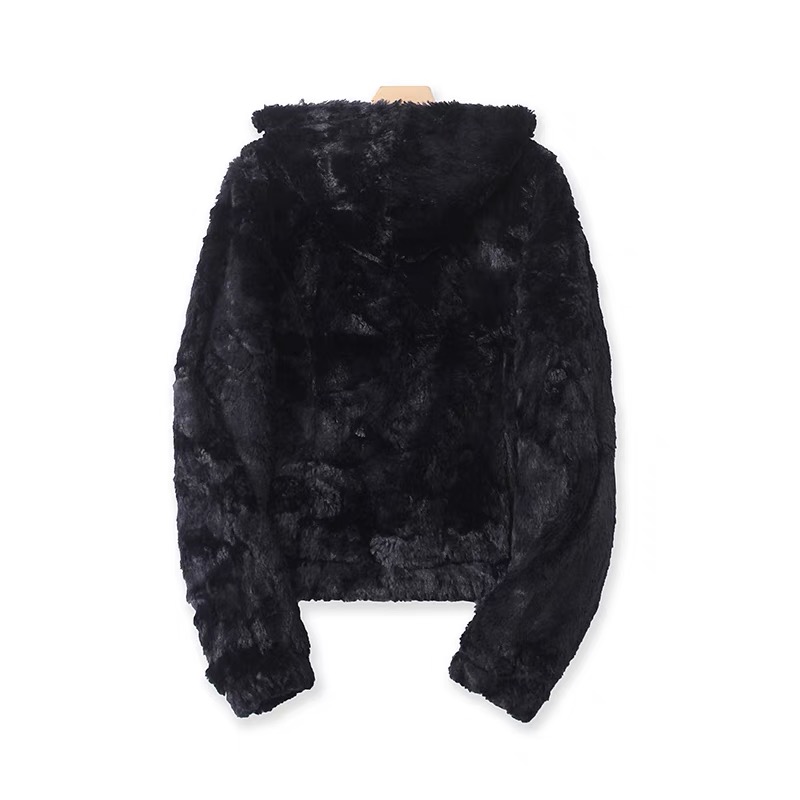 Page เสื้อเฟอร์กันหนาว หมวกฮู้ด เสื้อขน Fluffy coat แบรนด์ page One สำเนา ดำ