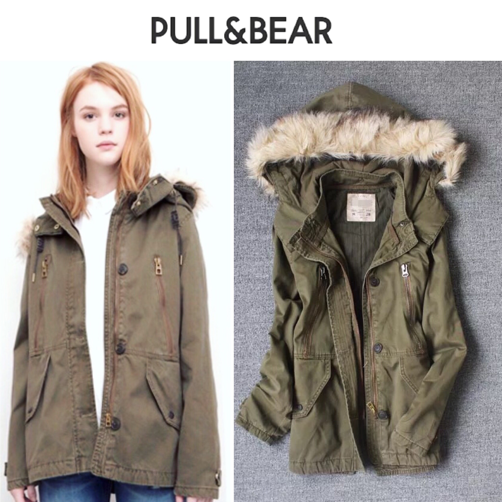 Pull&bear เสื้อกันหนาว เสื้อฮูทกันหนาว เขียวทหาร PULL&BEAR ติดขนเฟอร์ ปลายหมวกฮูท (ฮูท&เฟอร์ถอดได้คะ) งาน พรีเมี่ยมมากคะ SIZE S/M/S/L/XL เขียว