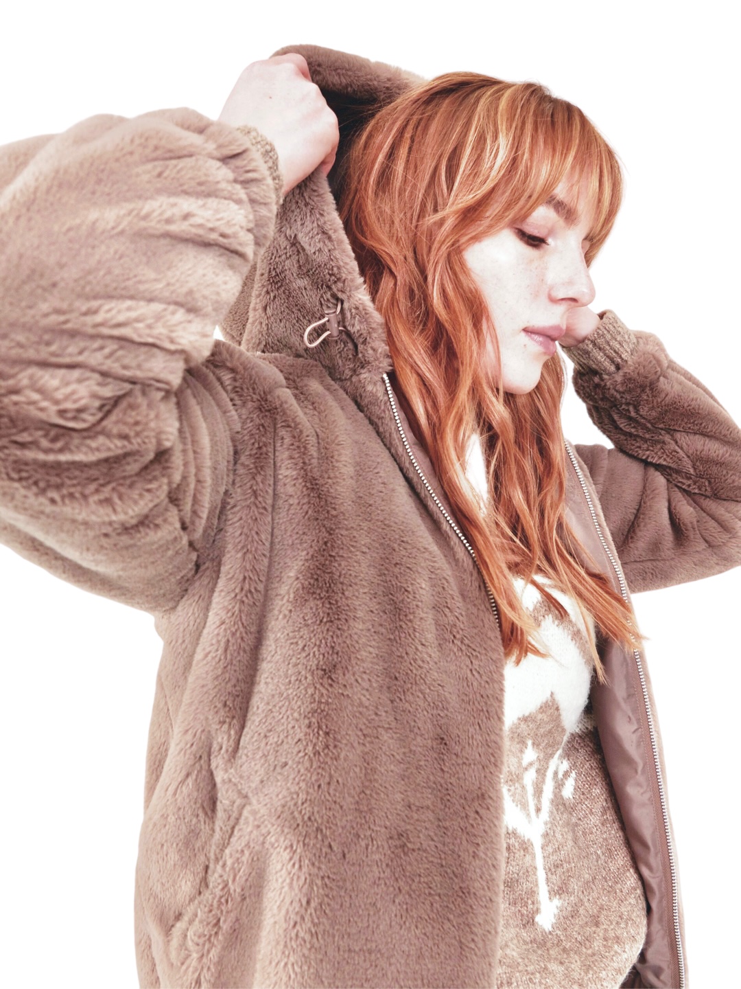 Sinsay เสื้อเฟอร์กันหนาว หมวกฮู้ด เสื้อขน Fluffy coat แบรนด์ SINSAY น้ำตาล