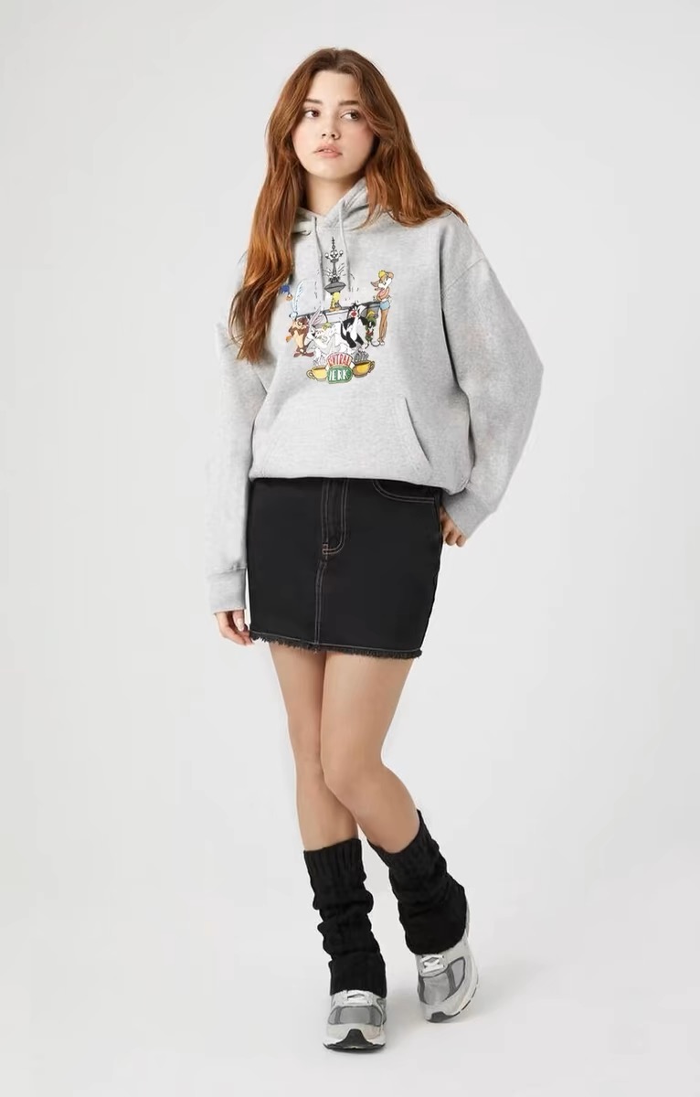 warner เสื้อกันหนาว เสื้อวอร์มสีส้มอิฐ เสื้อฮู้ด ส้มอิฐ ฮู้ดยาว สกรีน LOONEY TOON งานDISNEY แท้ สำเนา สำเนา เทา