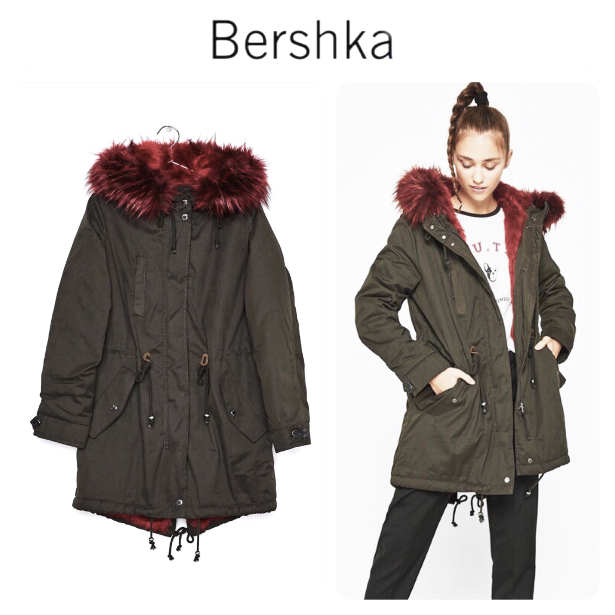BERSHKA เสื้อโค้ท โค้ทฮูท กันหนาว เสื้อparka ฮูท กันหนาวสีเขียว แบรนด์เนมBERSHKA แต่งเฟอร์ สีแดง ซับขนอุ่นสีแดง งานสวย มากคะ Size XS/S/M/L/2L/3L เขียว เฟอร์แดง