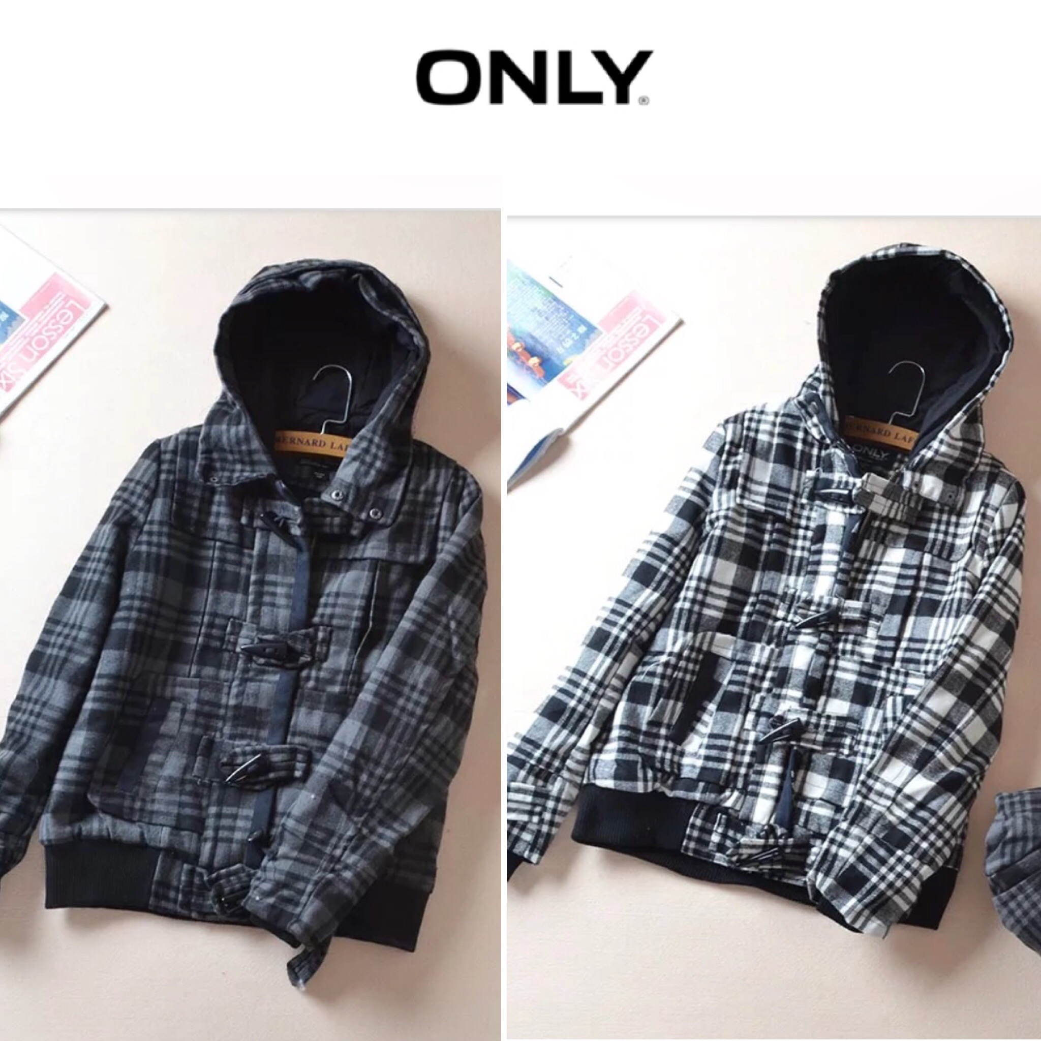 Only เสื้อกันหนาว ลายตารางขาวดำ แต่งฮูทแบรนด์เนม ONLYแท้100% แขนมีซับกันลม แบบสวย งานหรู มากคะ สินค้าญี่ปุ่น ขาวดำ