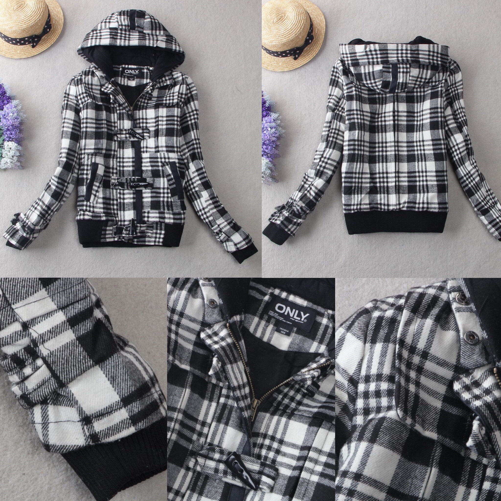 Only เสื้อกันหนาว ลายตารางขาวดำ แต่งฮูทแบรนด์เนม ONLYแท้100% แขนมีซับกันลม แบบสวย งานหรู มากคะ สินค้าญี่ปุ่น ขาวดำ