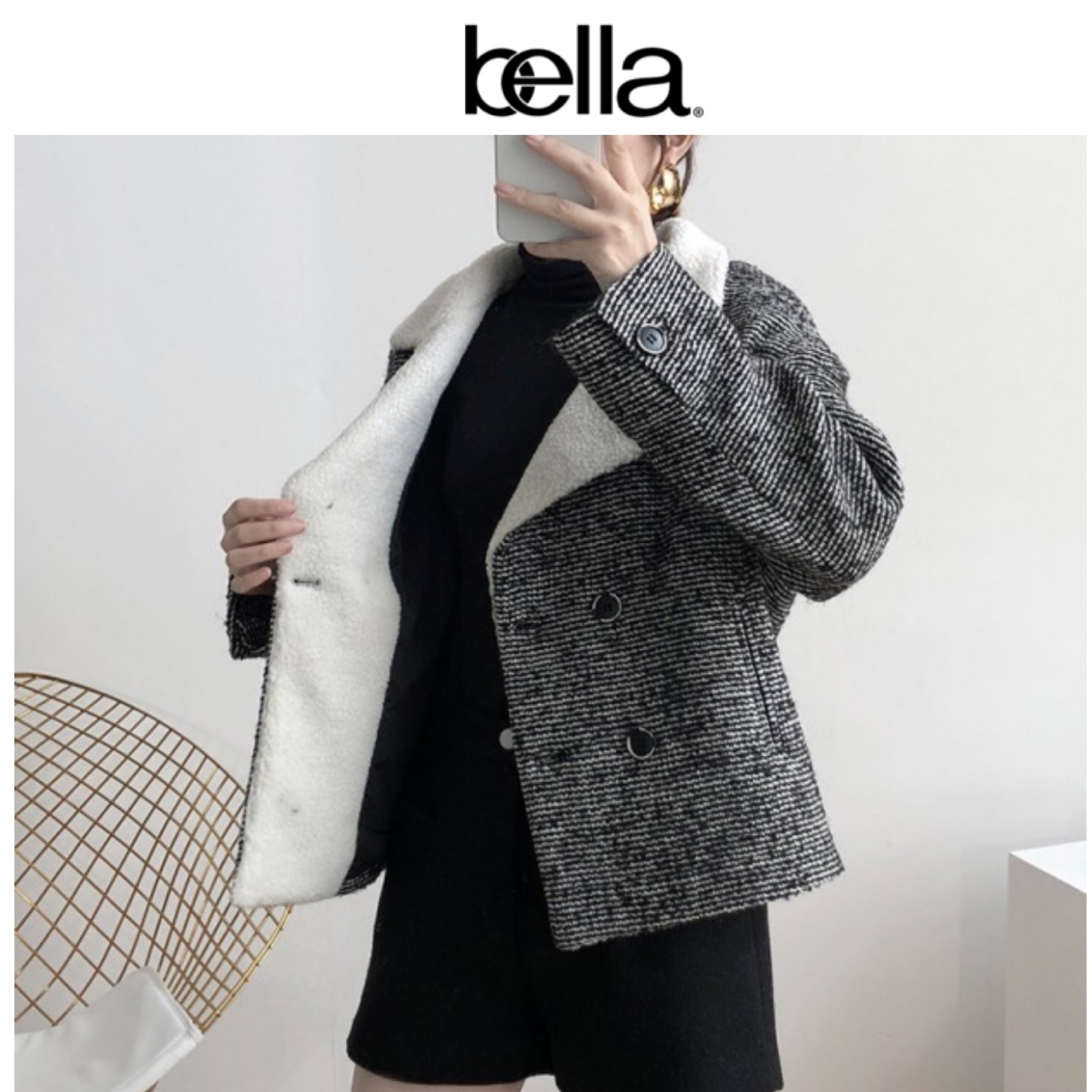 Bella เสื้อโค้ท กันหนาว โค้ทสูทสั้น สีเทาดำ งาน Etam Size:S/M เทา