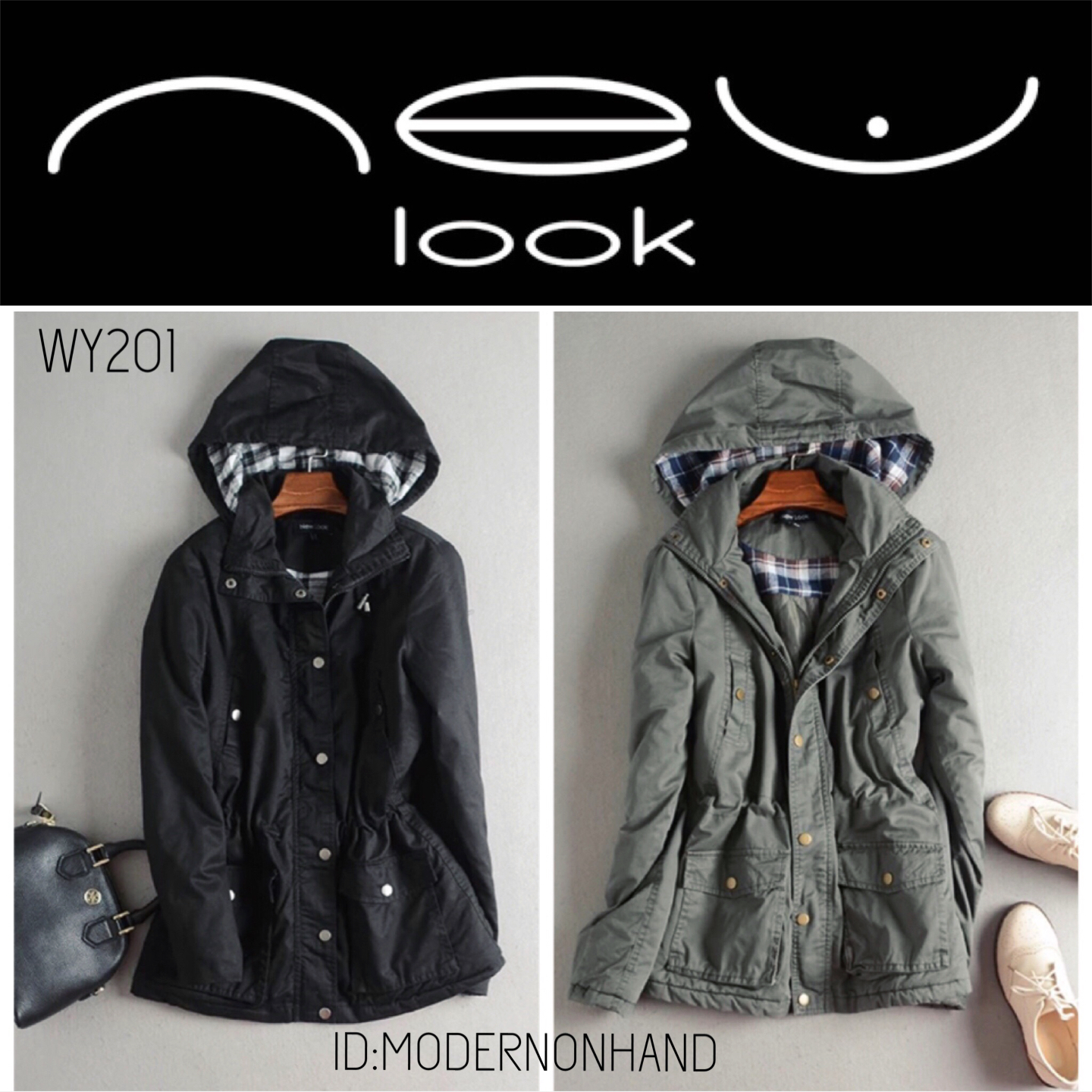 New look เสื้อกันหนาวติดหมวกฮูท เสื้อคลุม เสื้อโค้ช กันหนาว สีเขียว แบรนด์ NEW LOOK แต่งซับผ้าสำลีลายตารางด้านใน brandname NEW LOOK สวย เท่ห์มากคะ Size XS/S/M