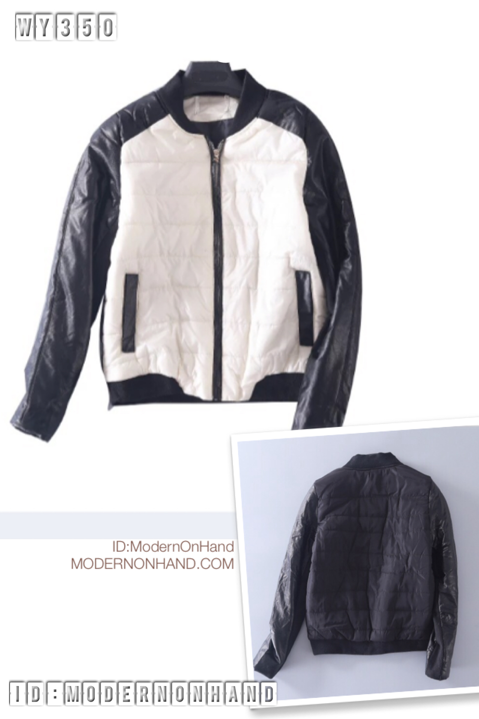 เสื้อกันหนาว แจ็คเก็ตกันหนาว สีทูโทนขาว-ดำ สไตล์ Bomber jacket แต่งแขนหนัง งานสวย แนวๆเท่ห์ๆคะ size L