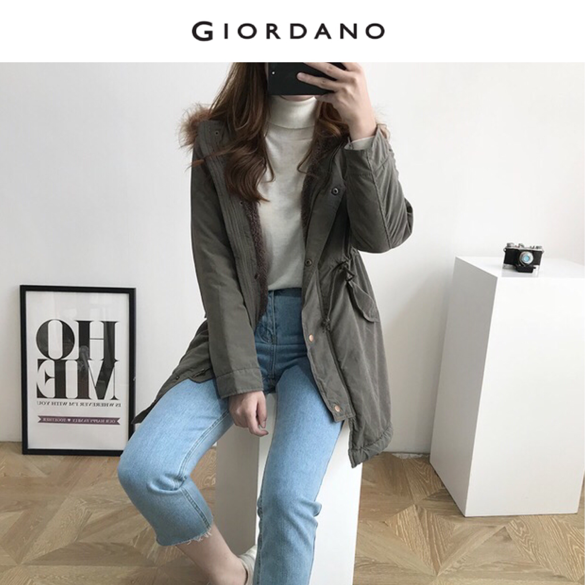 Giordano เสื้อโค้ทเฟอร์กันหนาว เสื้อฮู้ดปาร์กา โค้ทสีเขียว แต่งเฟอร์ (เฟอร์ถอดได้คะ) แบรนด์GIORDANO เขียว
