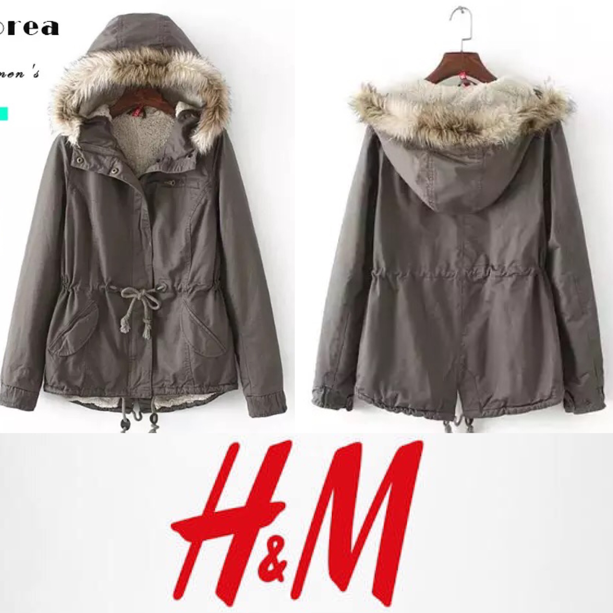 เสื้อโค้ท เสื้อกันหนาว สีเทา แบรนด์เนม H&M แต่งหมวกฮูท บุขนอุ่นสีขาวด้านใน แต่งขนเฟอร์ขอบหมวก แพทเทินสวย งานหรู อุ่น มากคะ size S/M/L/XL/XXL เทา