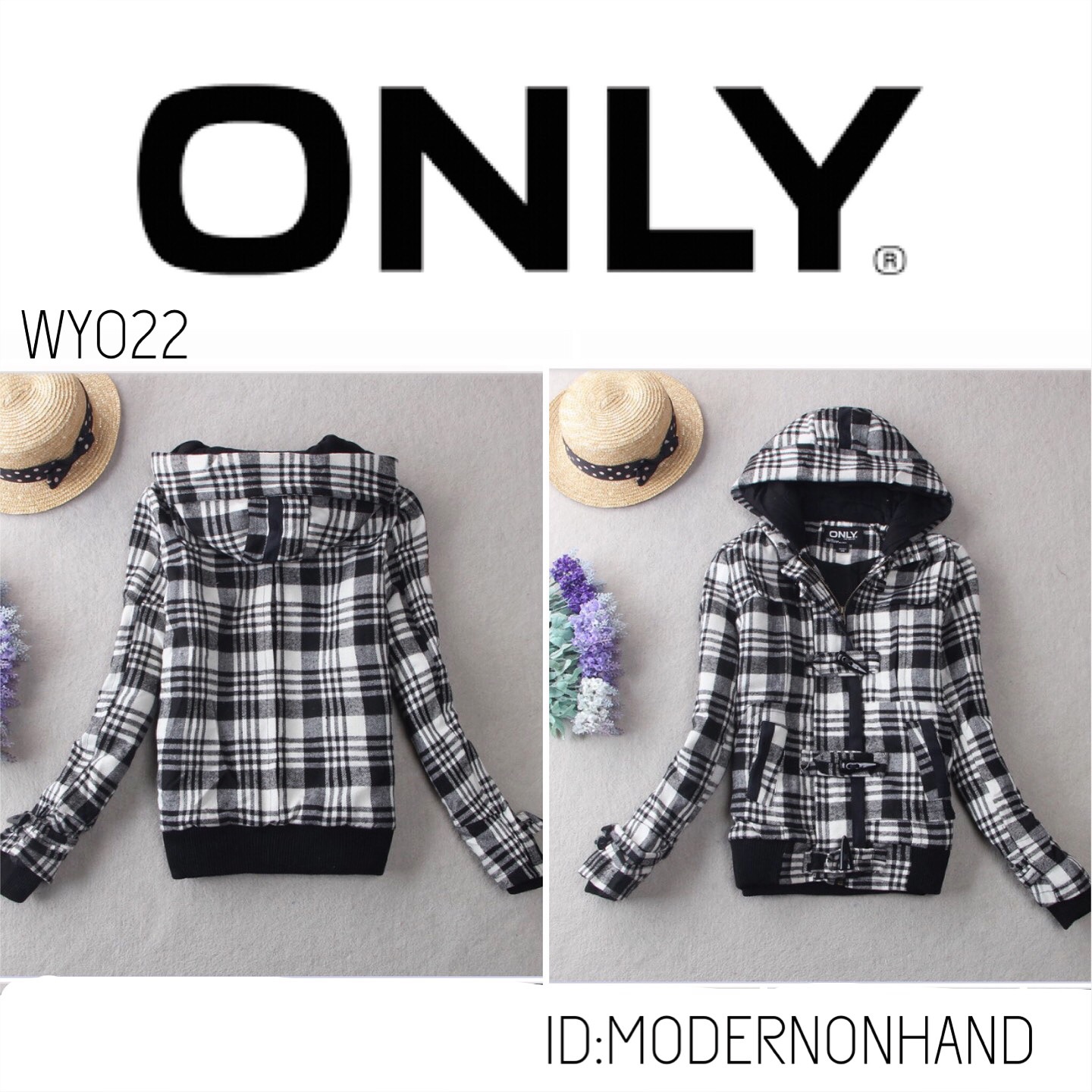 Only เสื้อกันหนาว ลายตารางขาวดำ แต่งฮูทแบรนด์เนม ONLYแท้100% แขนมีซับกันลม แบบสวย งานหรู มากคะ สินค้าญี่ปุ่น ขาวดำ