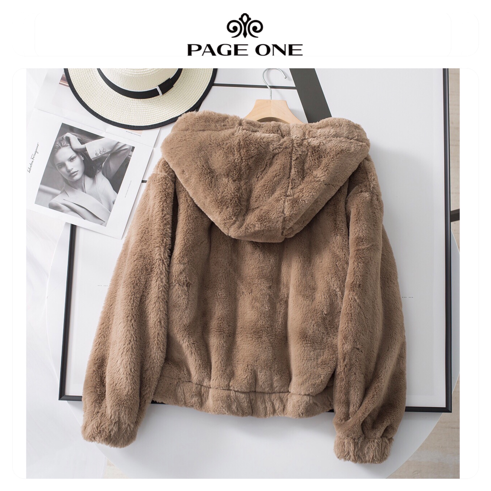 Page one เสื้อเฟอร์กันหนาว หมวกฮู้ด เสื้อขน Fluffy coat แบรนด์ page One ดำ